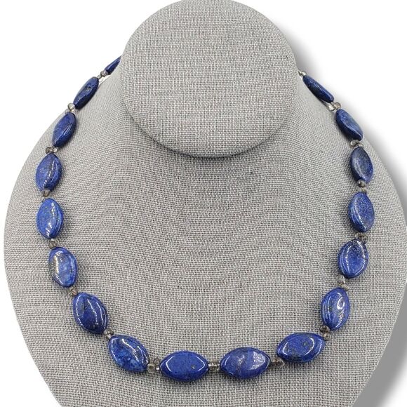 Blue Gold Speck Lapis Lazuli Oval Clear Glass Spacers Beaded Collar Necklace - Picture 8 of 9